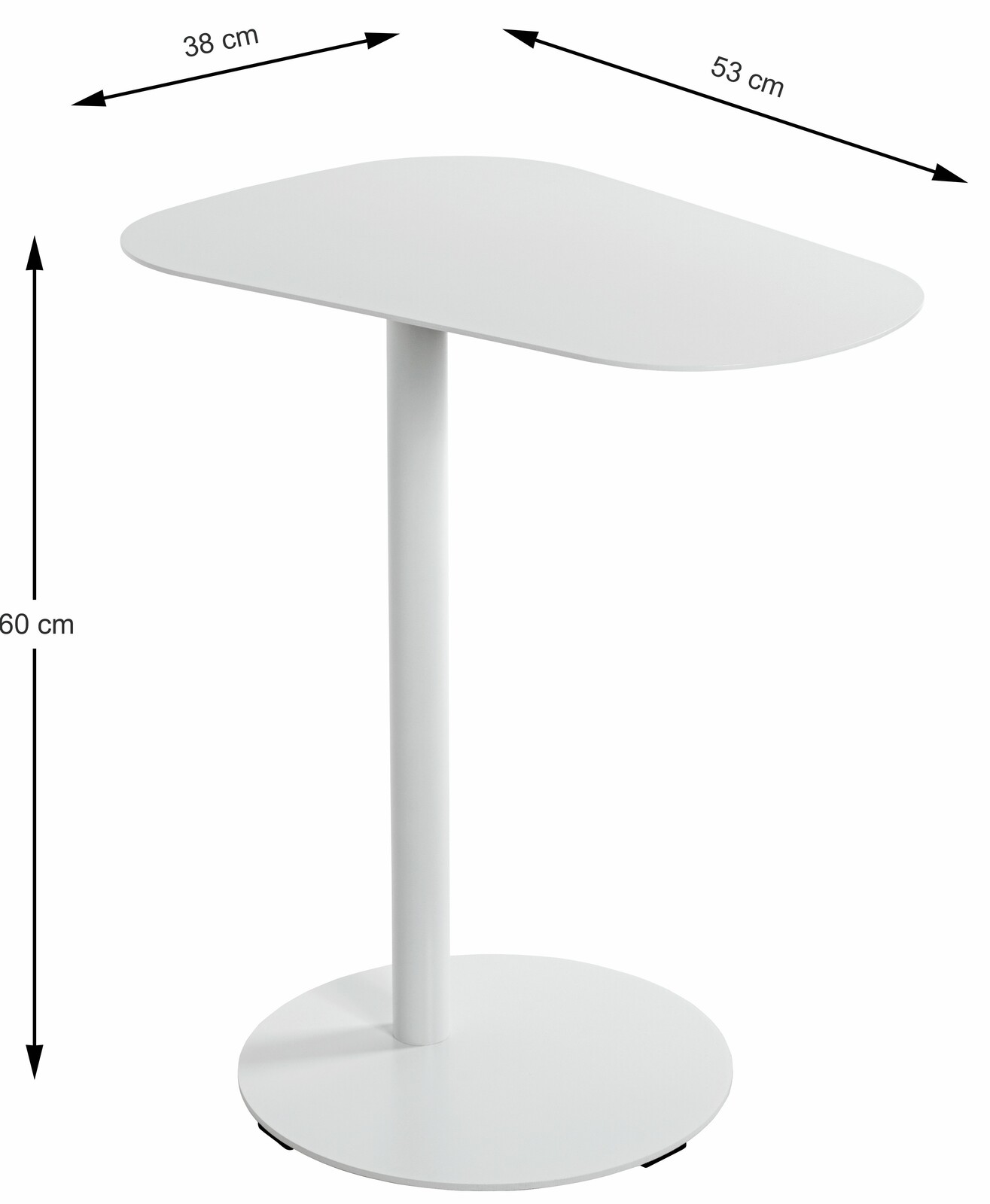 Moderner weißer Beistelltisch mit ovaler Tischplatte und rundem Fuß, seitliche Perspektive