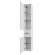 Weißer Hochschrank mit zwei geöffneten Türen und Glasböden, seitliche Perspektive