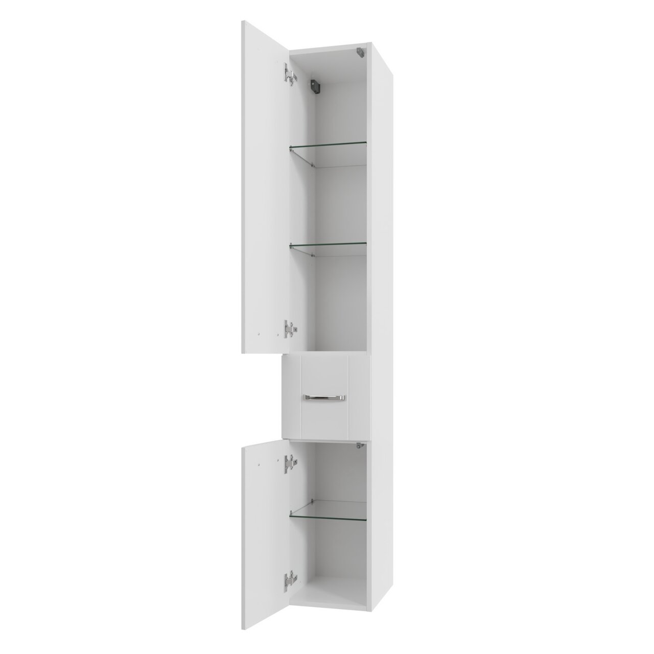 XORA Hochschrank SERIE 3006 Weißer Hochschrank mit zwei geöffneten Türen und Glasböden, seitliche Perspektive
