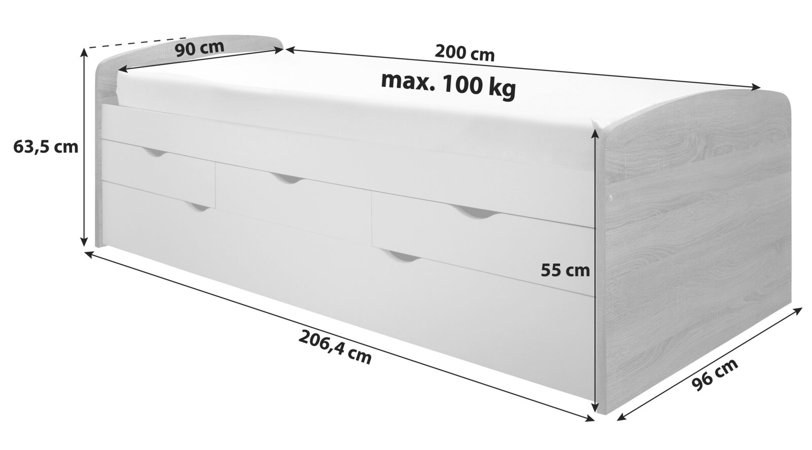 Tandemliege mit drei Schubladen, Maße 200 cm x 90 cm x 63,5 cm, maximale Belastung 100 kg, seitliche Perspektive