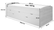 Tandemligstoel met drie lades, afmetingen 200 cm x 90 cm x 63,5 cm, maximaal draagvermogen 100 kg, zijaanzicht