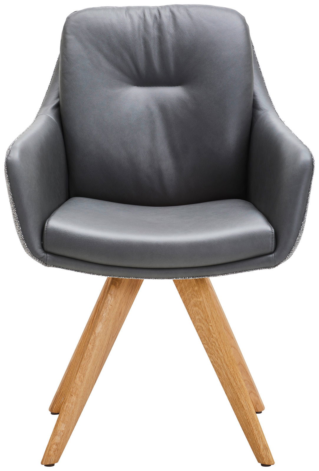 Grauer Armlehnstuhl mit Holzbeinen, Frontalansicht