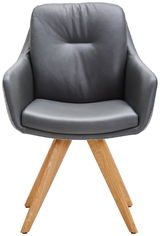 Grauer Armlehnstuhl mit Holzbeinen, Frontalansicht