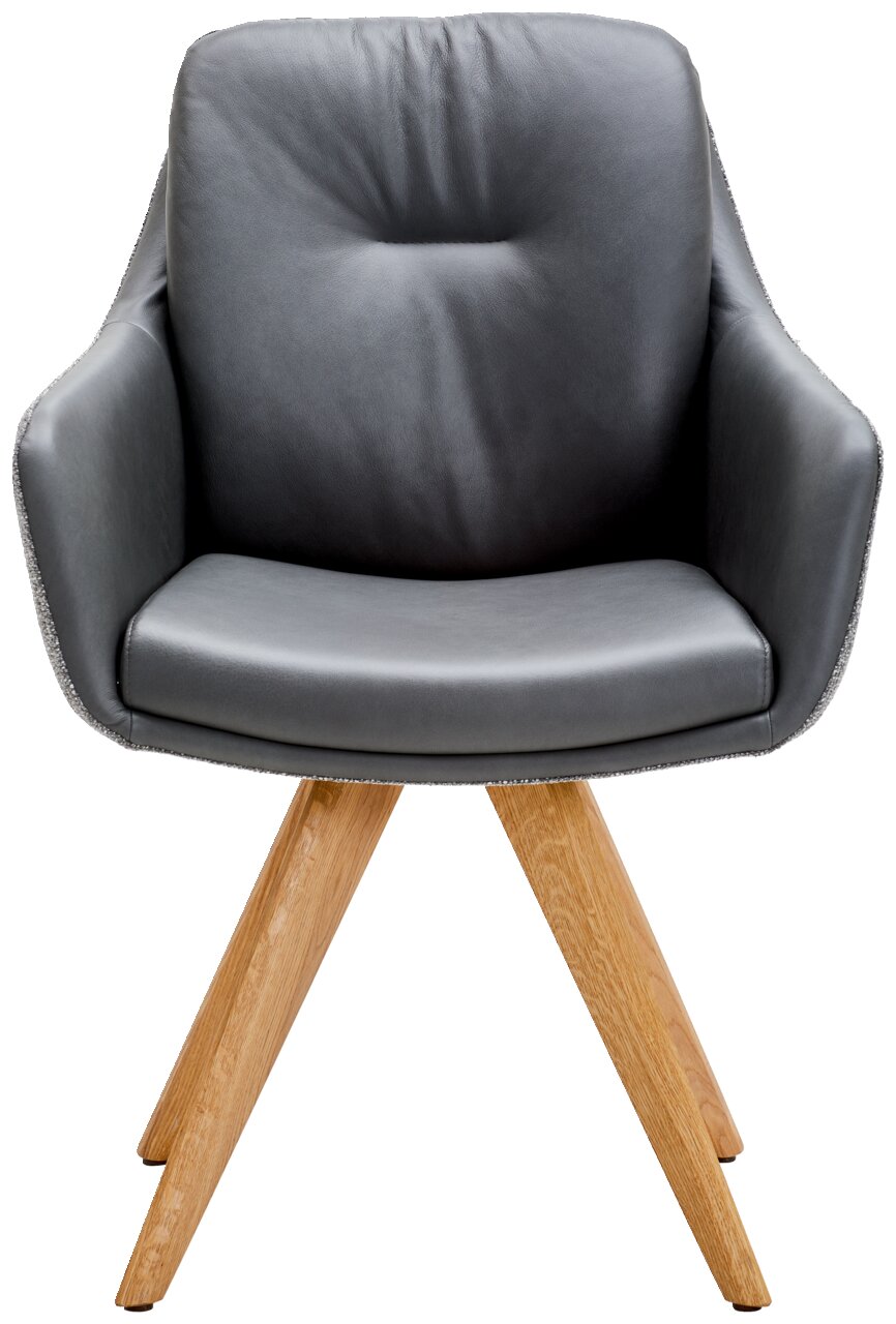 Grauer Armlehnstuhl mit Holzbeinen, Frontalansicht