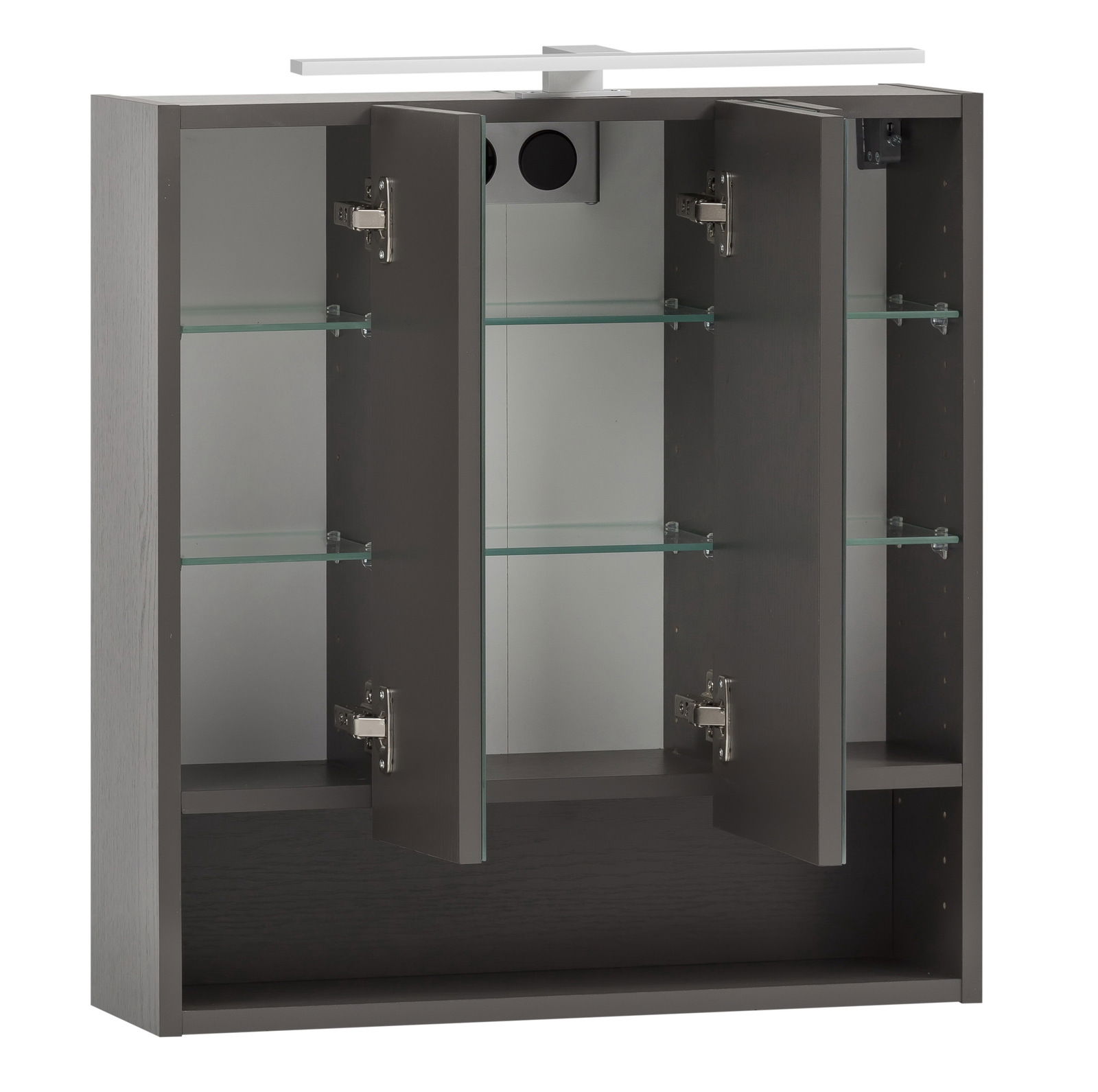 XORA Spiegelschrank VILLACH Spiegelschrank mit geöffneten Türen, Glasregalen und moderner Beleuchtung, seitliche Perspektive