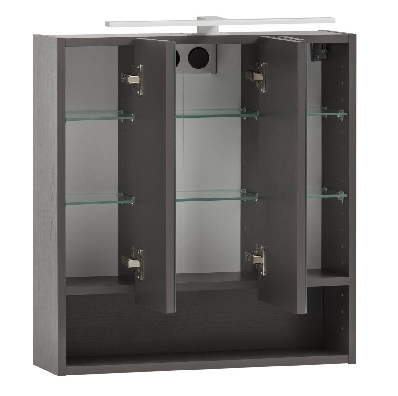 XORA Spiegelschrank VILLACH Spiegelschrank mit geöffneten Türen, Glasregalen und moderner Beleuchtung, seitliche Perspektive