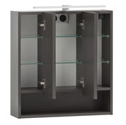 Spiegelschrank mit geöffneten Türen, Glasregalen und moderner Beleuchtung, seitliche Perspektive