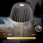 Moderne schwarze LED-Außenleuchte mit geriffeltem, kuppelförmigem Schirm und warmweißem Licht, Detailansicht leicht von oben auf den Leuchtenkopf