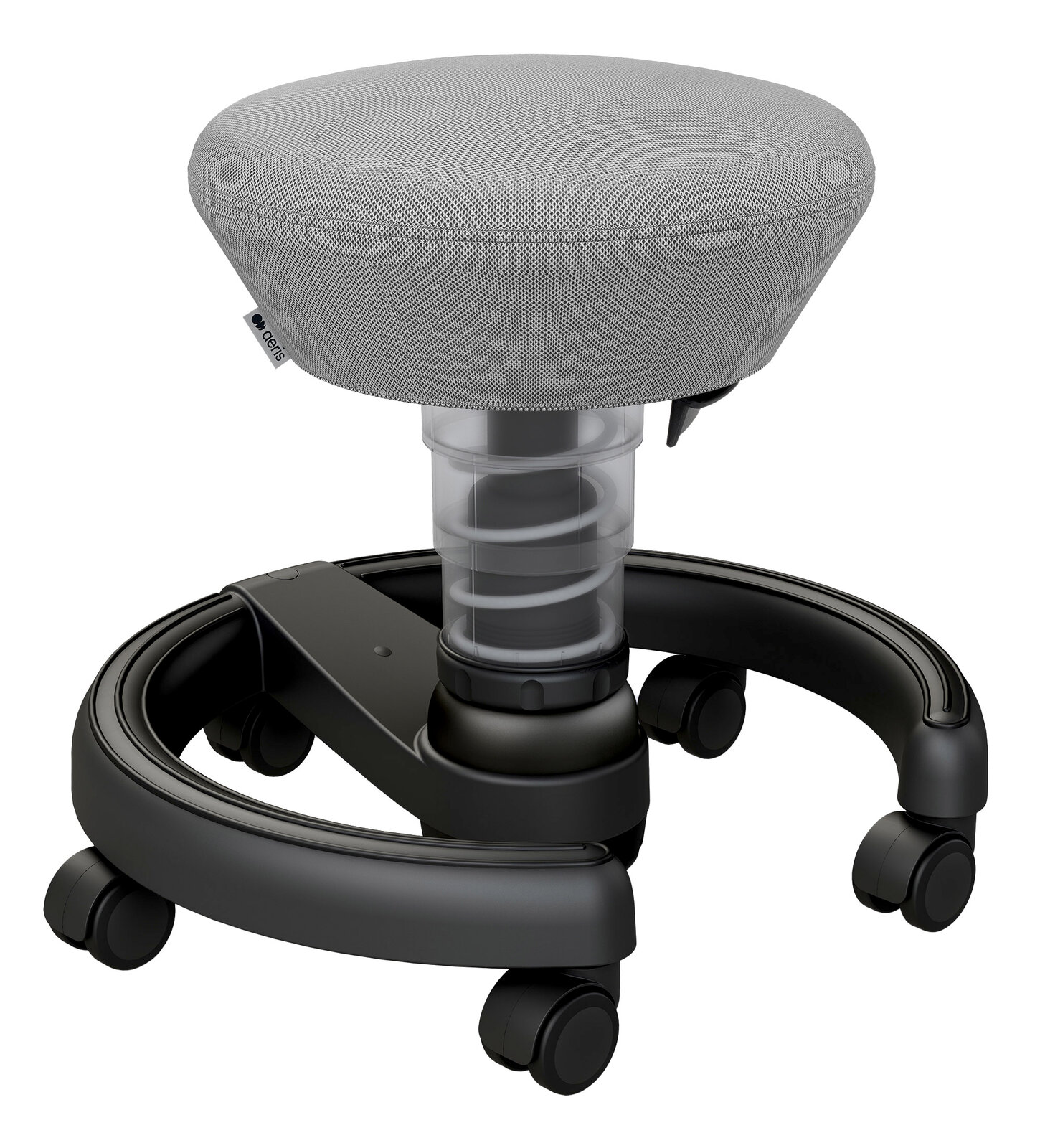 Grauer Sitzhocker für Kinder mit Rollen, seitliche Perspektive