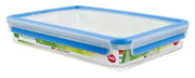 Rechteckige Frischhaltedose mit blauem Deckel, 2,6 Liter, seitliche Perspektive