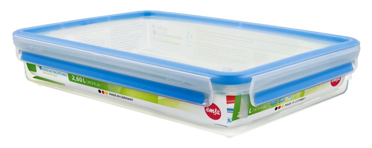 Rechteckige Frischhaltedose mit blauem Deckel, 2,6 Liter, seitliche Perspektive