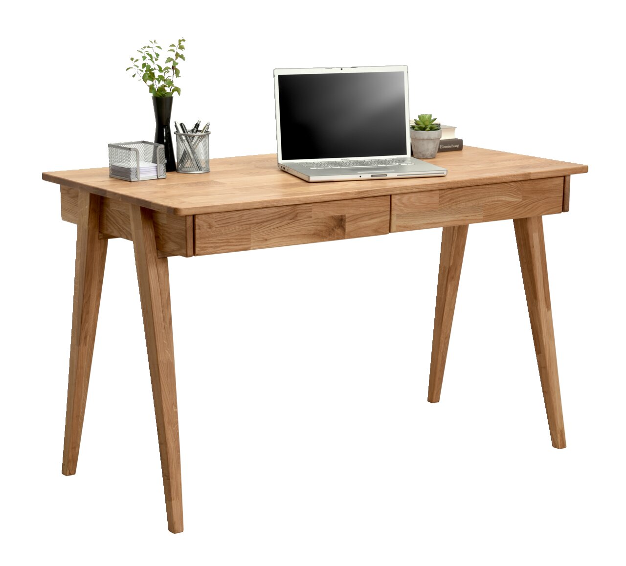 Linea Natura Bureau BONN Modern houten bureau met laptop, planten en schrijfbenodigdheden, zijaanzicht
