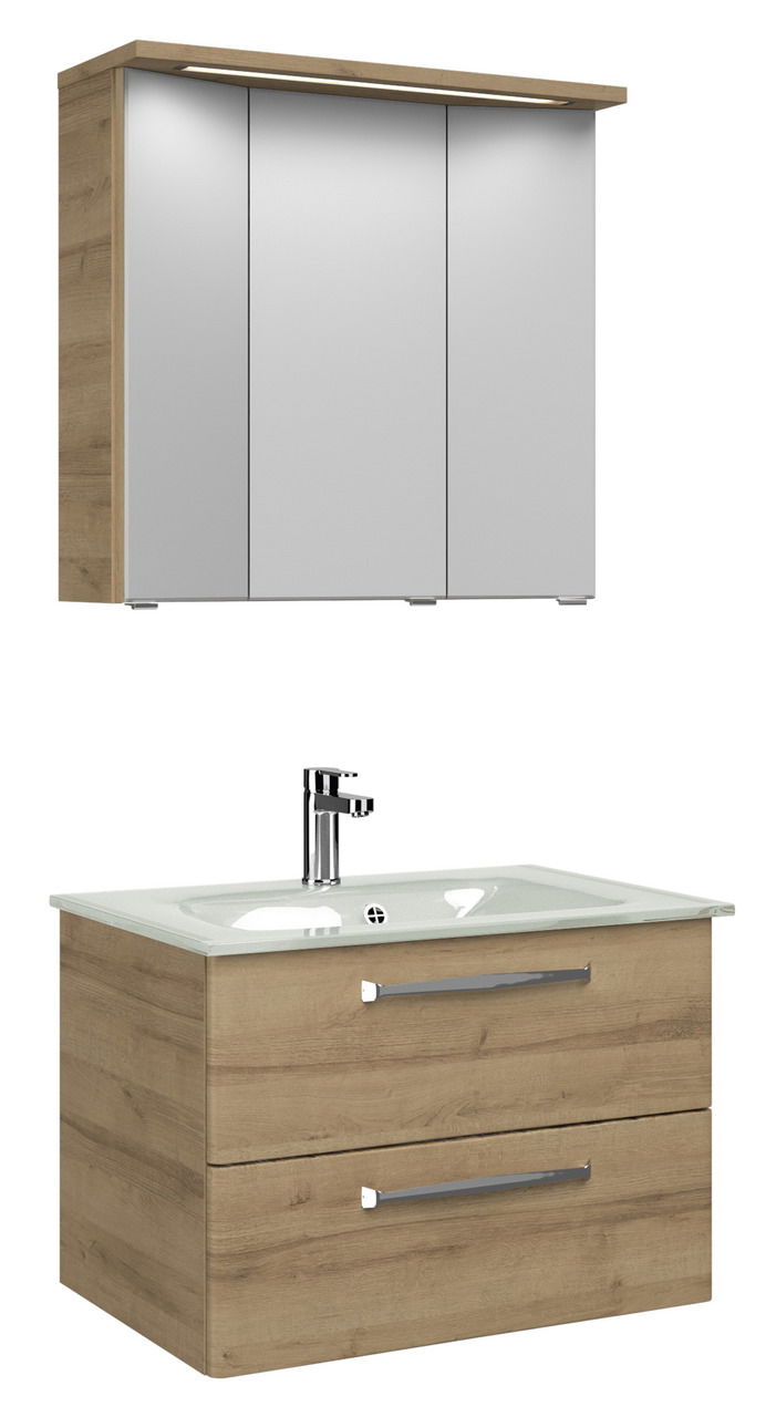 Moderner Badblock mit Holzoptik, bestehend aus einem Spiegelschrank mit drei Türen und einem Waschtisch mit zwei Schubladen, Frontalansicht.