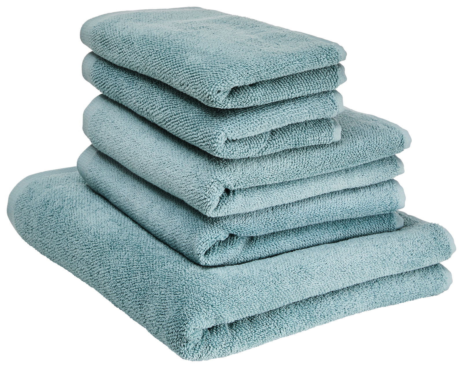 Ein Stapel aus vier türkisfarbenen Handtüchern, von der Seite betrachtet.