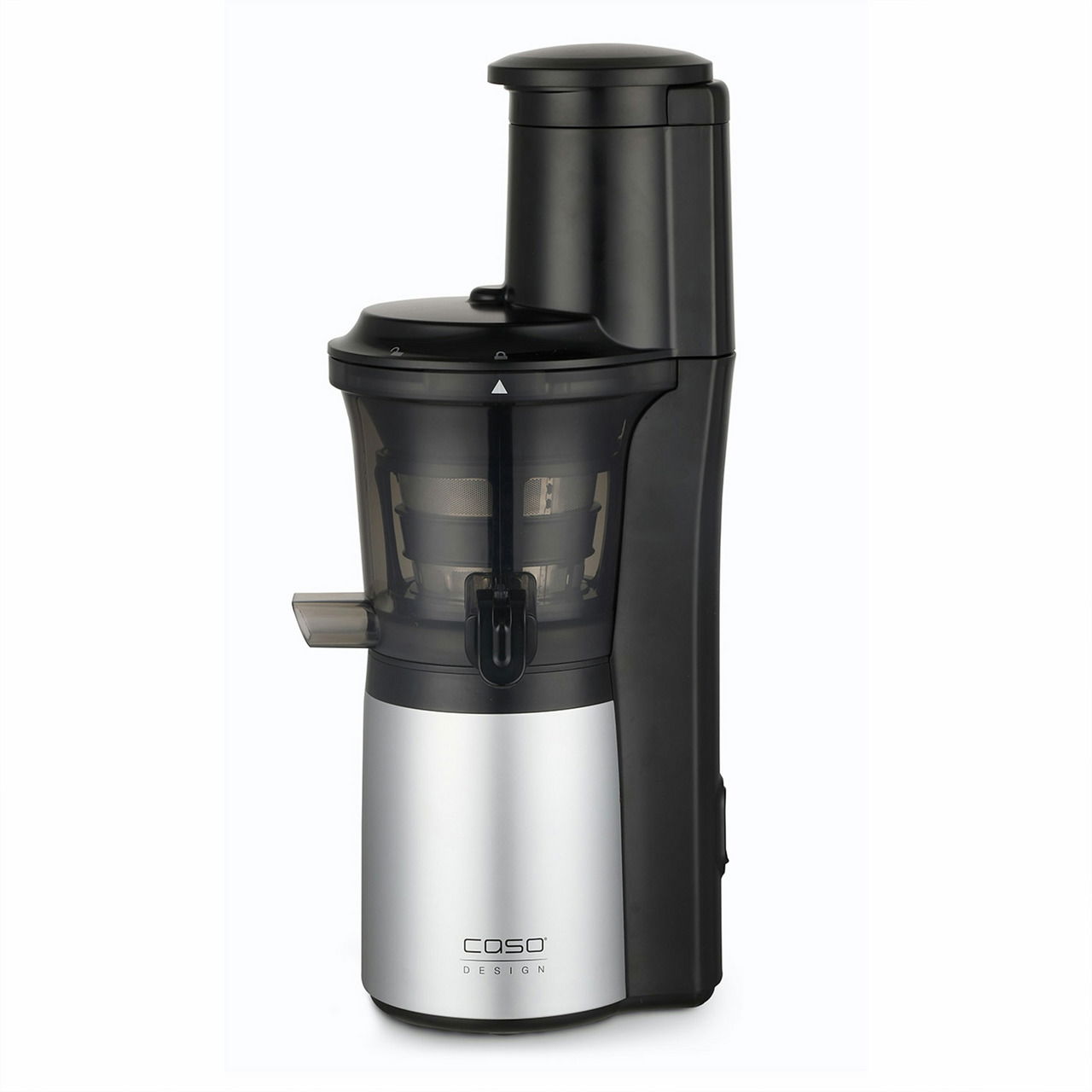 Schwarzer und silberner Slow Juicer von Caso Design, seitliche Perspektive