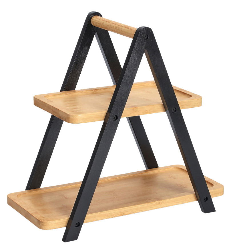 Zweistöckige Etagere aus Holz mit schwarzem Gestell, seitliche Perspektive