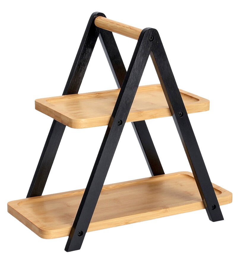 Zweistöckige Etagere aus Holz mit schwarzem Gestell, seitliche Perspektive