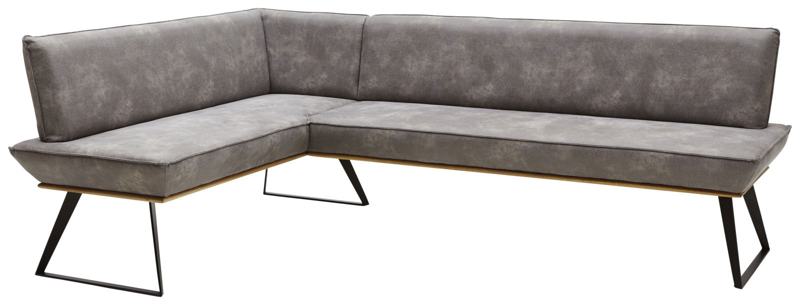 Graue Eckbank mit modernem Design, Metallbeinen und Polsterung, seitliche Perspektive