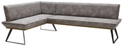 Graue Eckbank mit modernem Design, Metallbeinen und Polsterung, seitliche Perspektive
