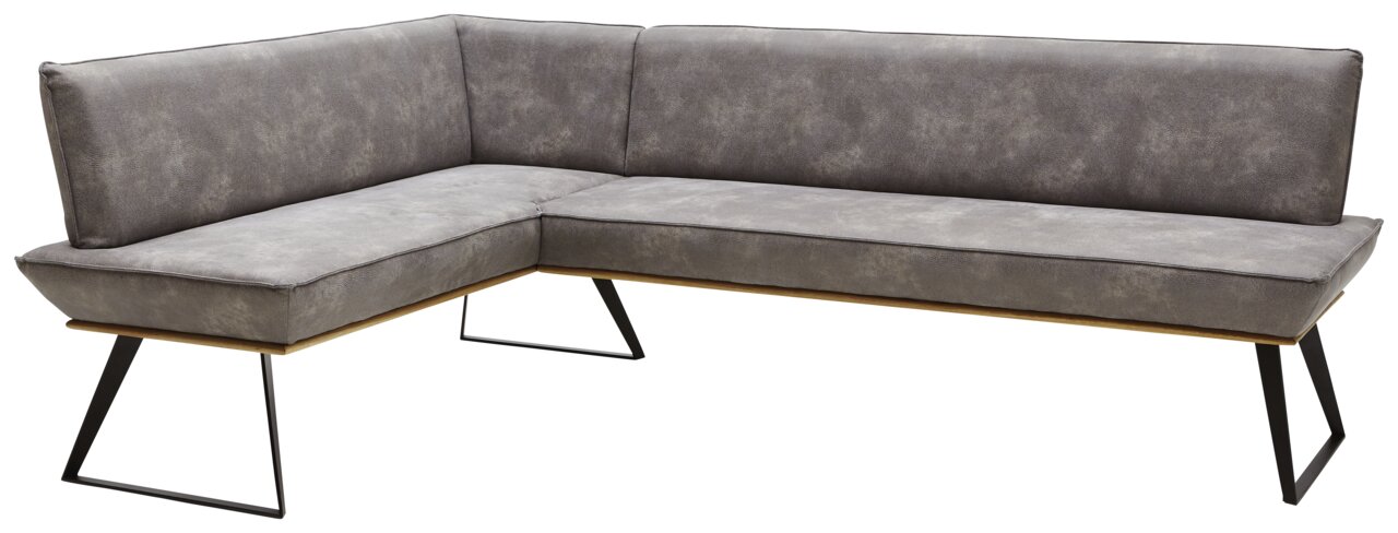 Graue Eckbank mit modernem Design, Metallbeinen und Polsterung, seitliche Perspektive