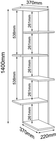 Technische Maßzeichnung eines schmalen Standregals mit 5 Ablagen, Gesamtmaß ca. 1400 x 370 x 220 mm, Fachabstände 261 mm, dargestellt in isometrischer Schrägansicht von vorn.