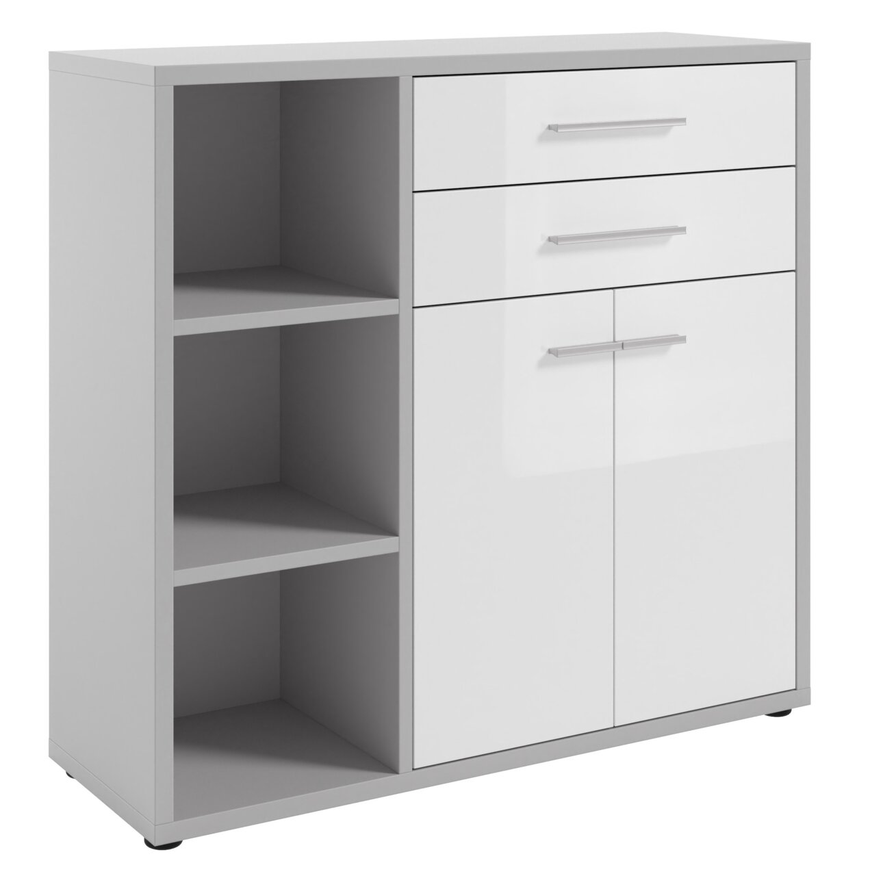 Moderner Aktenschrank mit zwei Schubladen und zwei Türen auf der rechten Seite sowie offenen Regalfächern auf der linken Seite, perspektivisch von vorne links betrachtet.