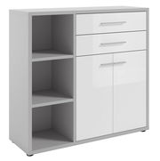 Moderner Aktenschrank mit zwei Schubladen und zwei Türen auf der rechten Seite sowie offenen Regalfächern auf der linken Seite, perspektivisch von vorne links betrachtet.