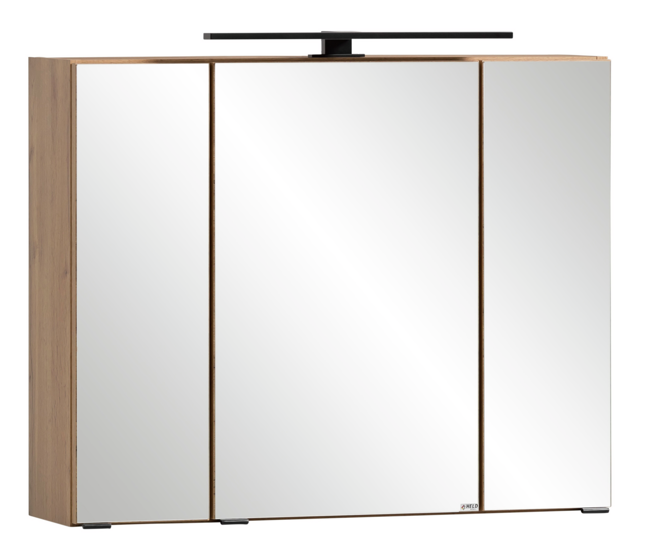 Spiegelschrank mit drei Türen und Holzrahmen, frontale Ansicht