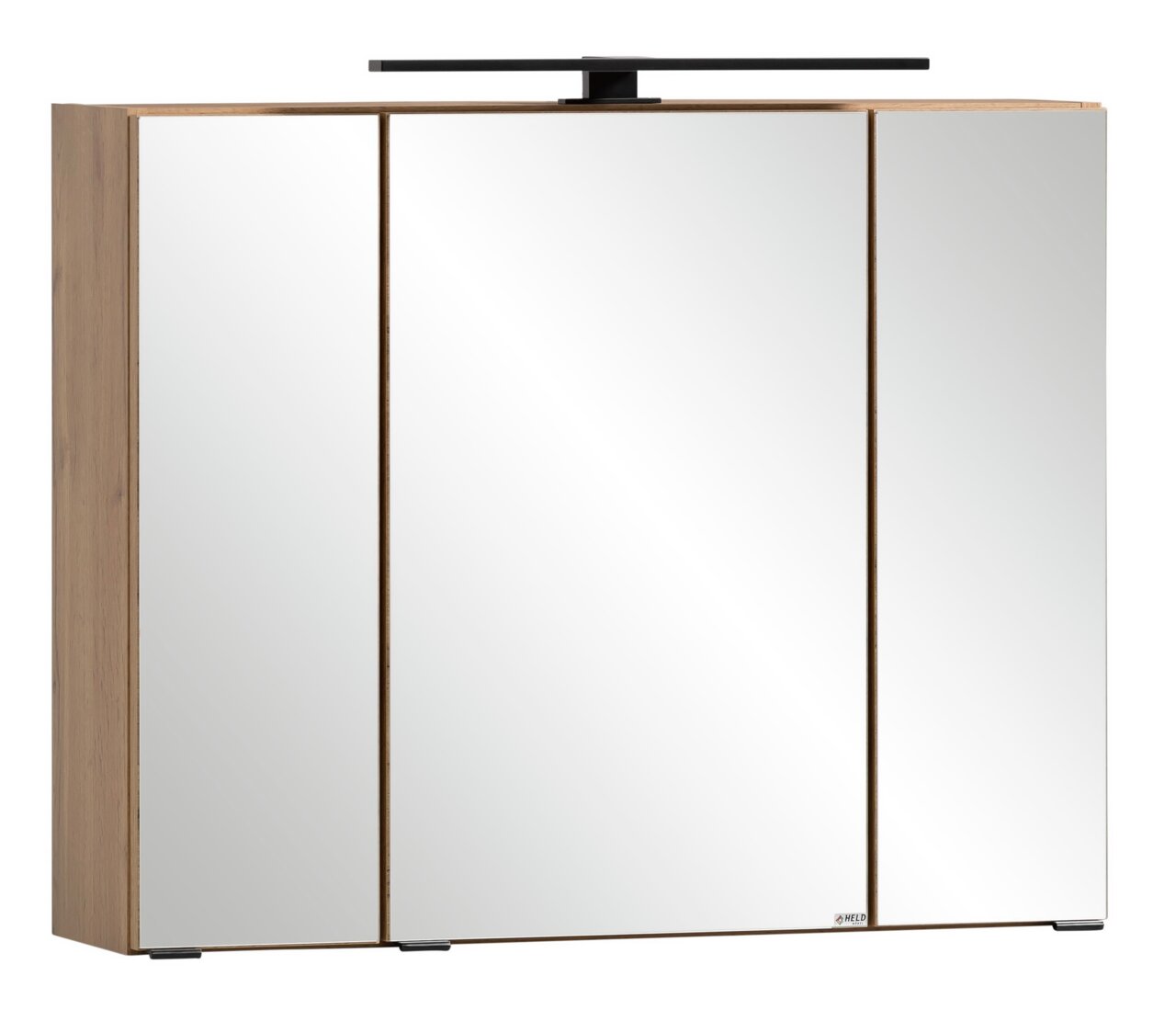 Spiegelschrank mit drei Türen und Holzrahmen, frontale Ansicht