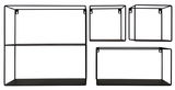 Vier rechteckige Wandregale aus schwarzem Metall in verschiedenen Größen, frontal abgebildet.