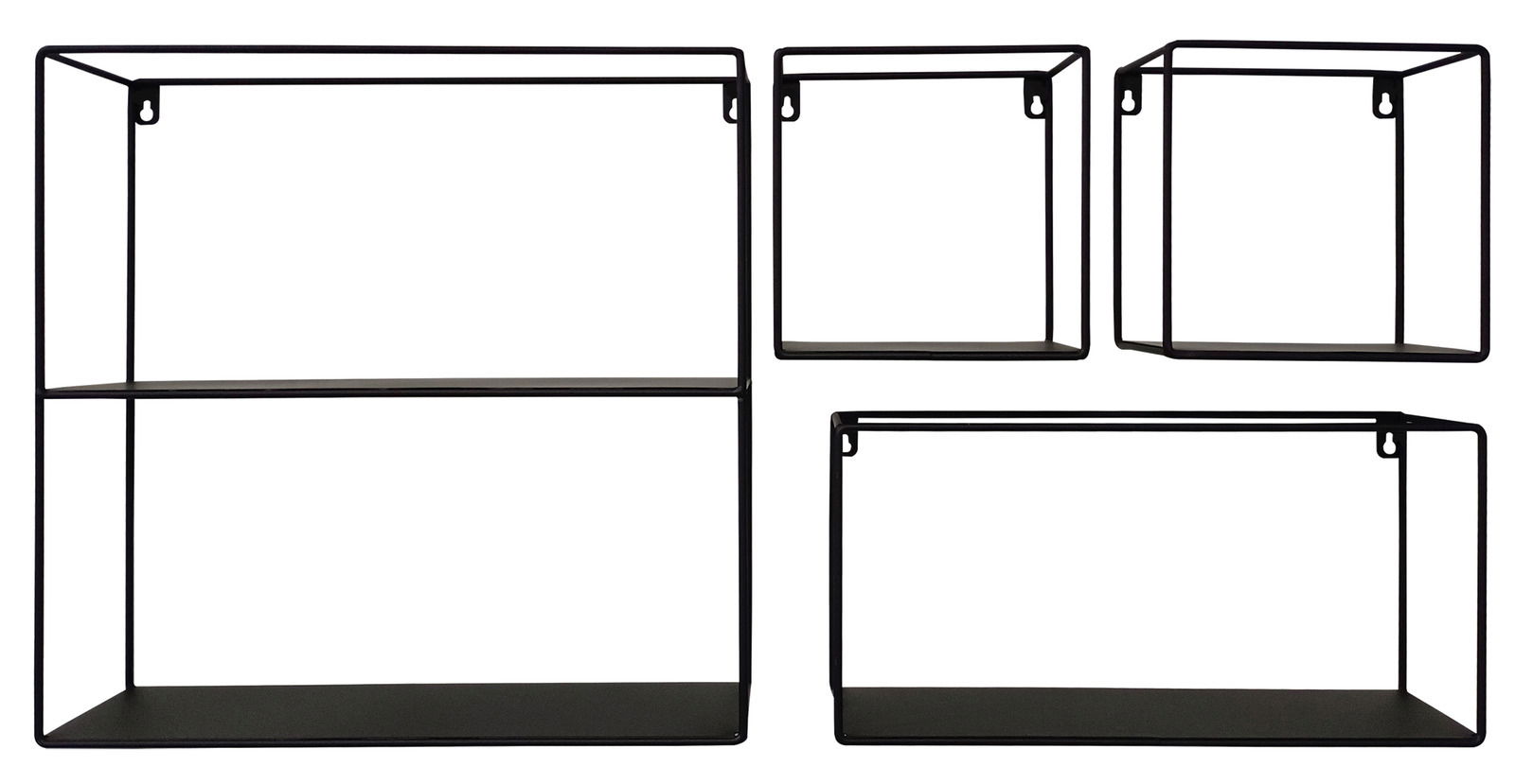 Vier rechteckige Wandregale aus schwarzem Metall in verschiedenen Größen, frontal abgebildet.