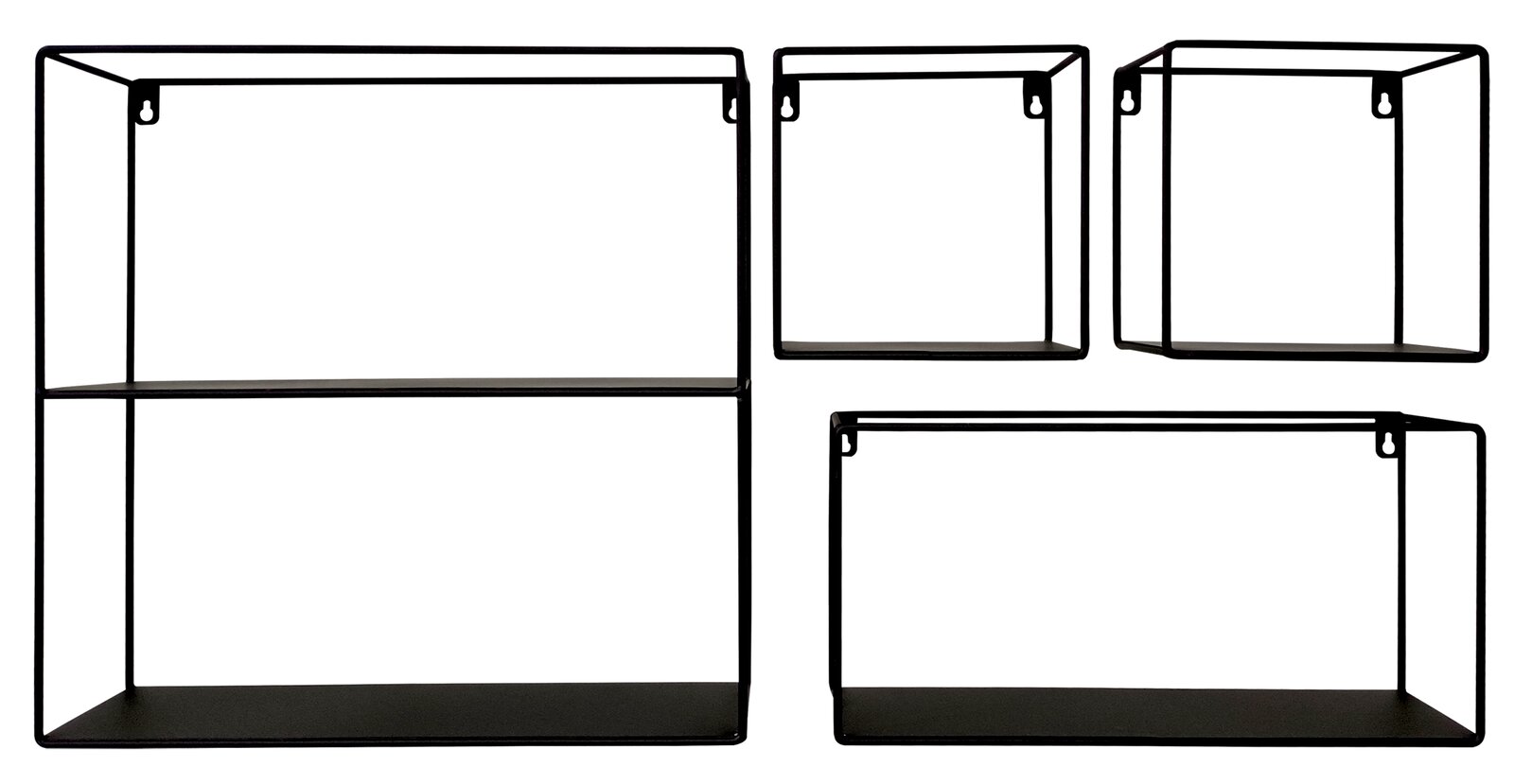 Vier rechteckige Wandregale aus schwarzem Metall in verschiedenen Größen, frontal abgebildet.