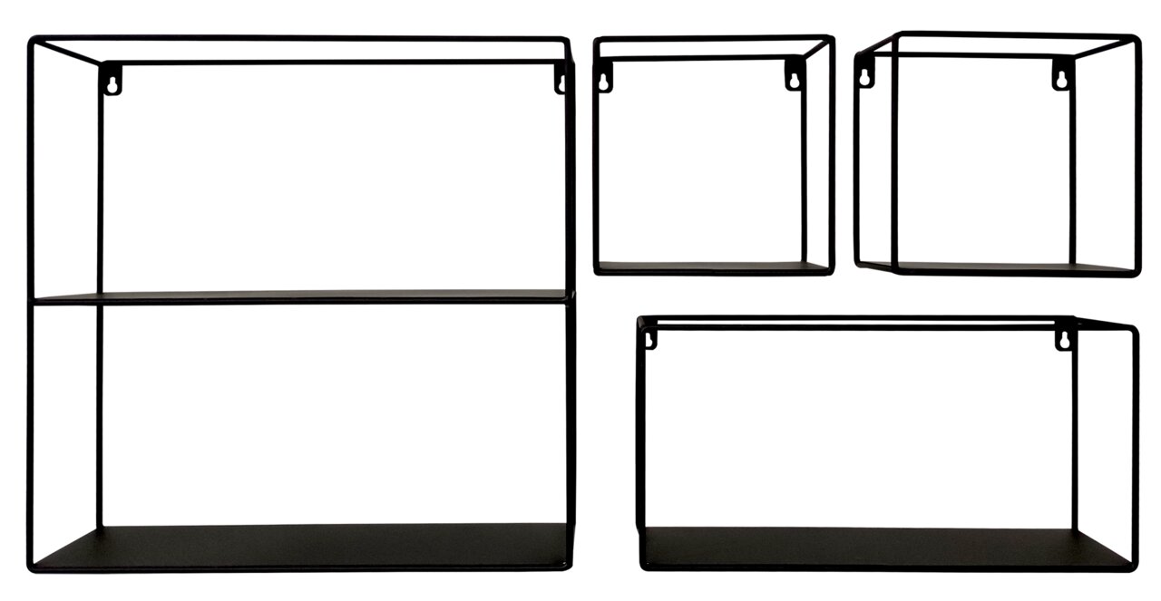 XORA Wandregal 4er Set CINDY Vier rechteckige Wandregale aus schwarzem Metall in verschiedenen Größen, frontal abgebildet.