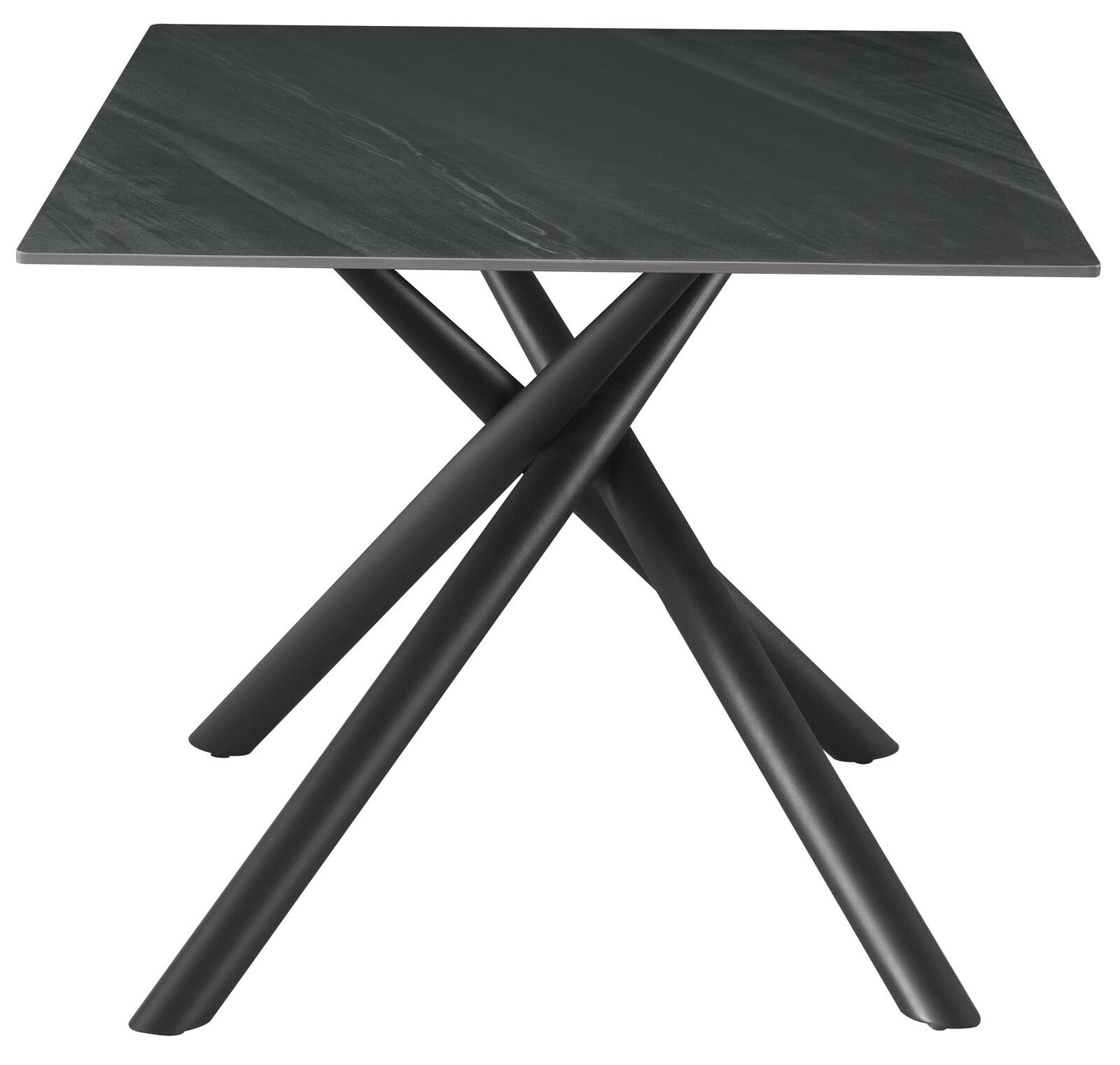 Moderner Esstisch mit schwarzer Tischplatte und gekreuzten Beinen, seitliche Perspektive