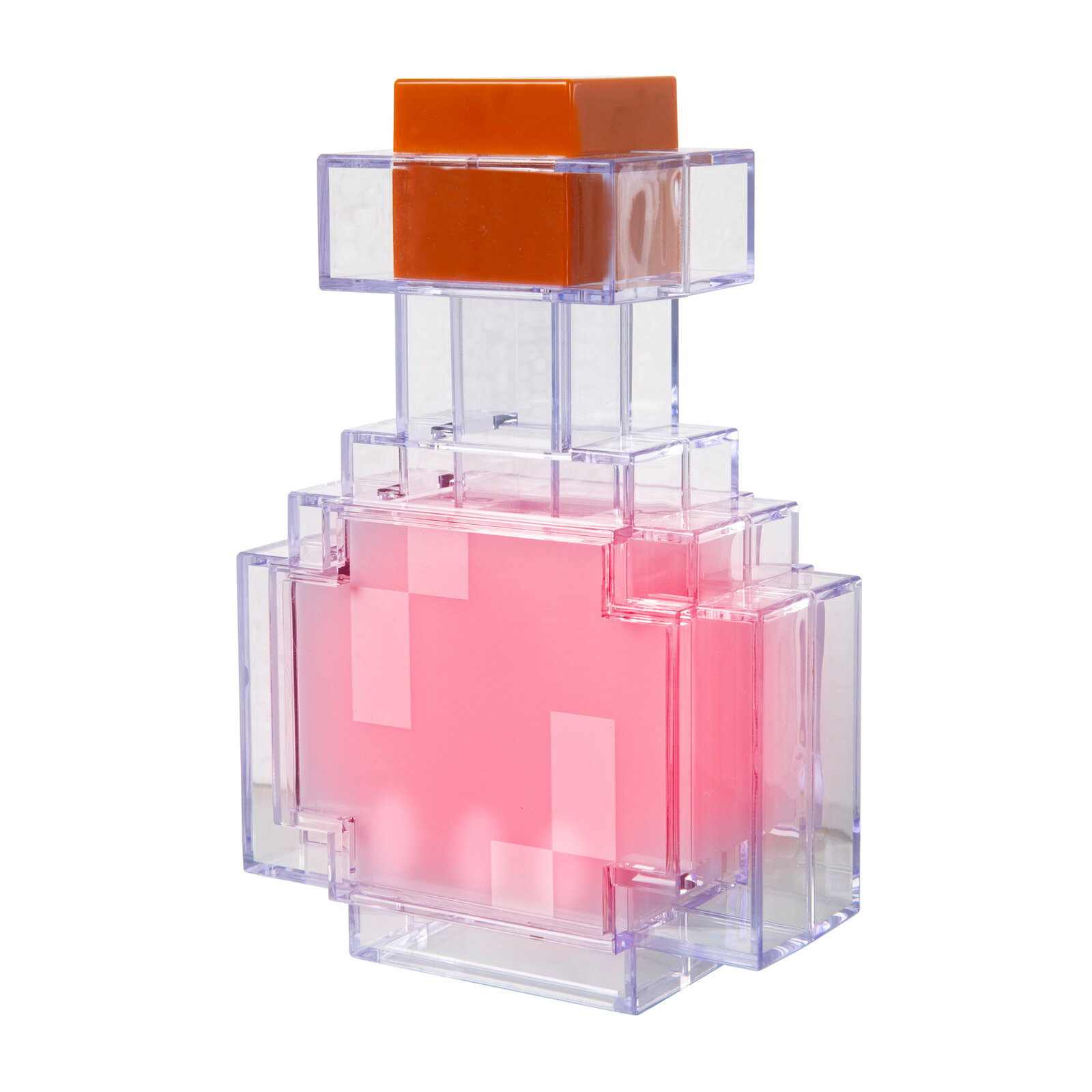 Pixelart-inspirierter, transparenter Parfümflakon mit rosa Inhalt und orangefarbenem Deckel, freigestellt auf weißem Hintergrund, Frontansicht leicht von oben