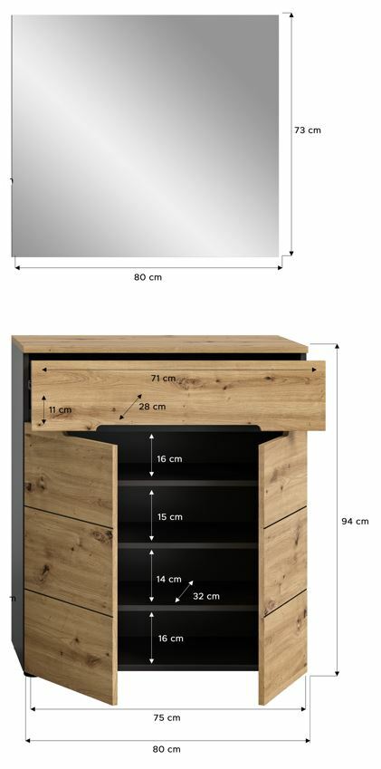Garderobenkombination mit einem rechteckigen Spiegel und einem Unterschrank aus Holzoptik mit mehreren Fächern und Schublade, frontal betrachtet.