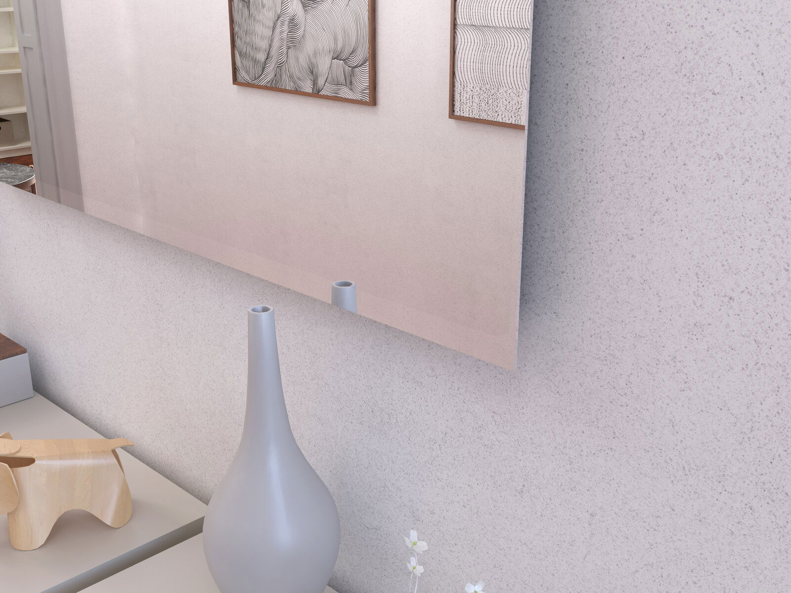 Moderner Wandspiegel in einem Raum mit Dekorationen, seitliche Perspektive