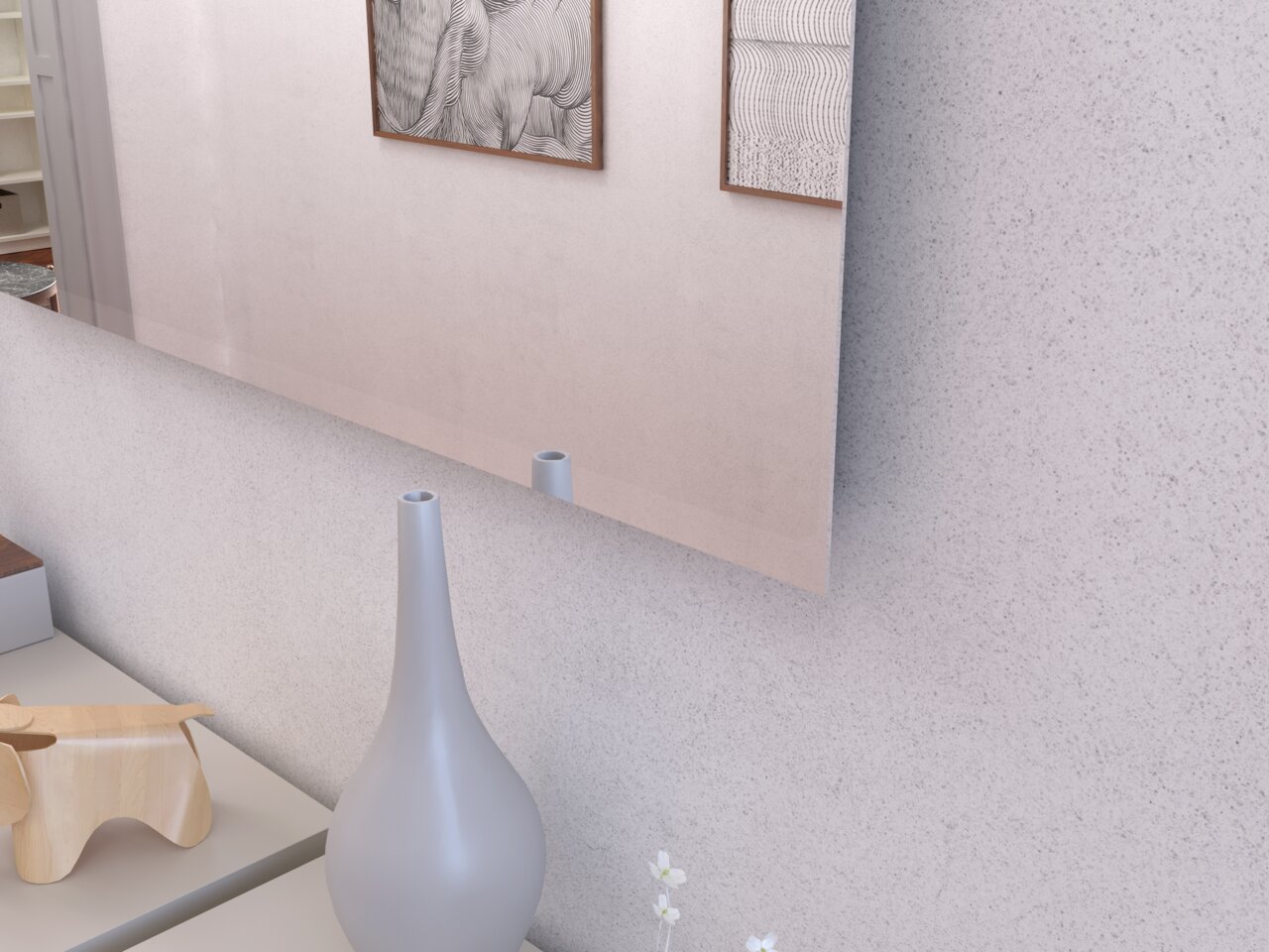 Moderner Wandspiegel in einem Raum mit Dekorationen, seitliche Perspektive