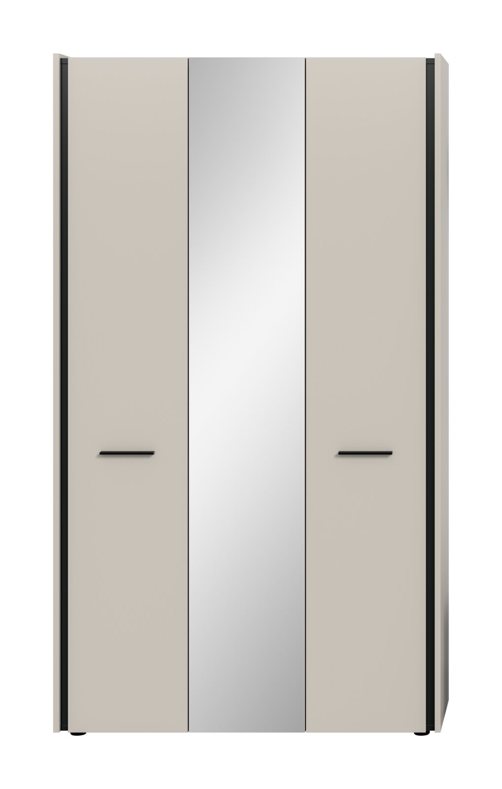 Moderner dreitüriger Kleiderschrank in Beige und Grau mit schwarzen Griffen, frontale Ansicht