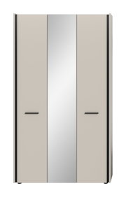 Moderner dreitüriger Kleiderschrank in Beige und Grau mit schwarzen Griffen, frontale Ansicht