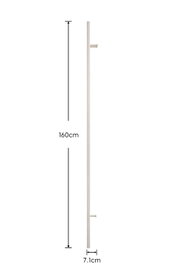 Zijaanzicht van een slank, licht paneel/bord met twee korte bevestigingspennen, afmetingen 160 cm hoog en 7,1 cm diep, vrijstaand op een witte achtergrond
