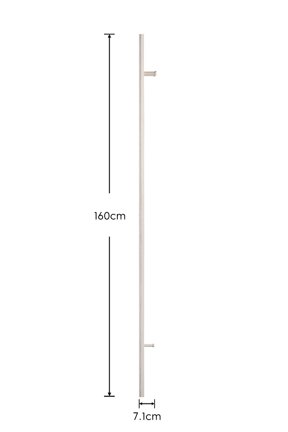 Zijaanzicht van een slank, licht paneel/bord met twee korte bevestigingspennen, afmetingen 160 cm hoog en 7,1 cm diep, vrijstaand op een witte achtergrond