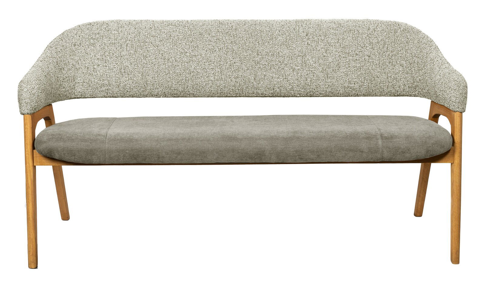Sitzbank mit grauem Stoffbezug und Holzgestell, Frontalansicht