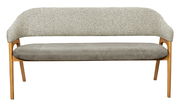 Sitzbank mit grauem Stoffbezug und Holzgestell, Frontalansicht