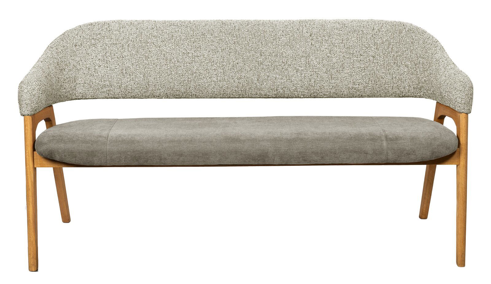 Sitzbank mit grauem Stoffbezug und Holzgestell, Frontalansicht
