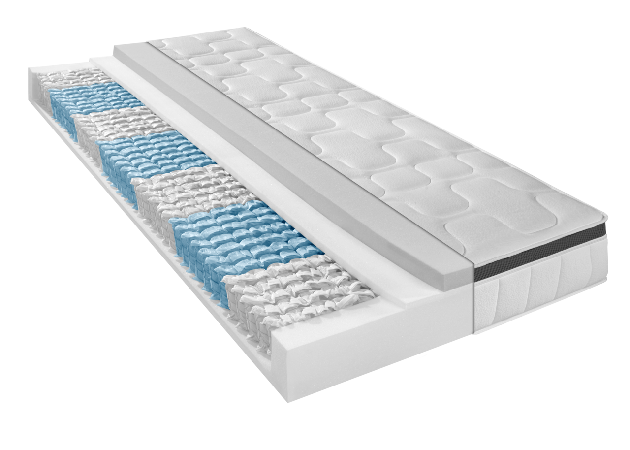 Linneweber 7-Zonen TTFK-Matratze 1000 H2 CURACAO Querschnitt einer Taschenfederkernmatratze mit sichtbaren blauen und weißen Federn, seitliche Perspektive