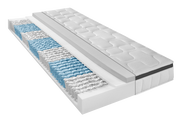 Querschnitt einer Taschenfederkernmatratze mit sichtbaren blauen und weißen Federn, seitliche Perspektive