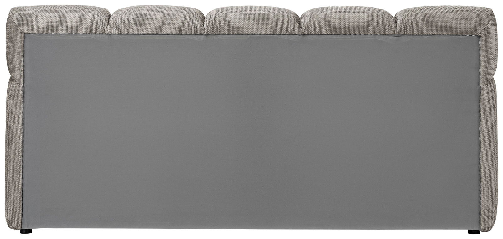 Rückansicht eines grauen Polsterbettgestells mit gepolstertem Kopfteil.