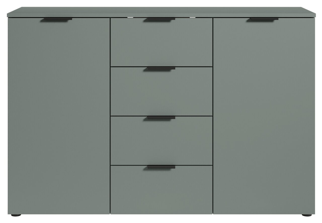 Frontale Ansicht eines modernen, grauen Sideboards mit zwei Türen und drei Schubladen.