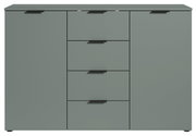 Frontale Ansicht eines modernen, grauen Sideboards mit zwei Türen und drei Schubladen.